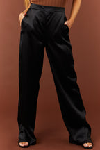 Black Satin Smocked Waist Wide-Leg Pants