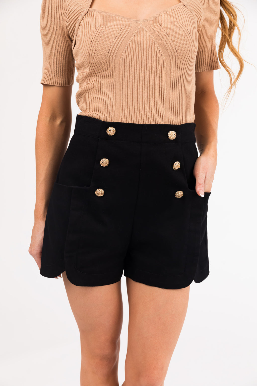 Black High-Waist Shorts with Gold Buttons